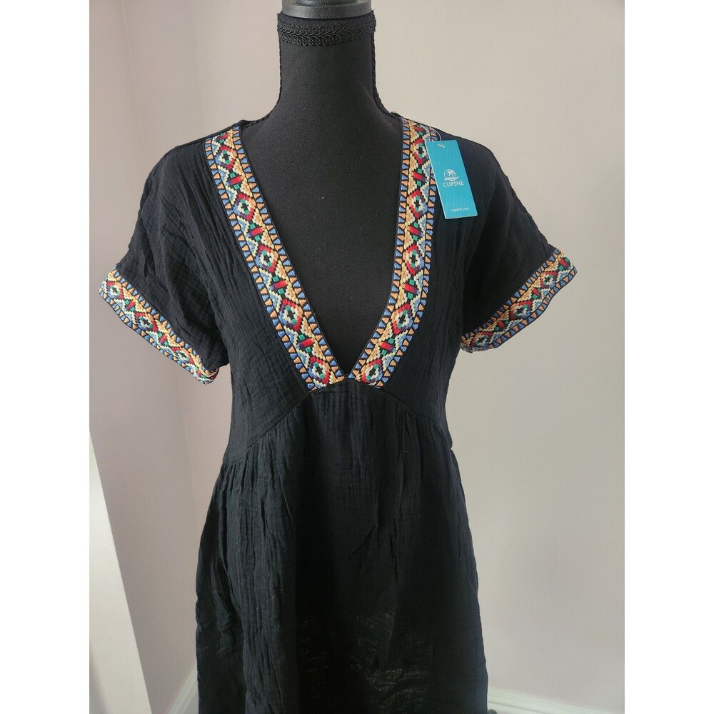 NWT CUPSHE Black Mini Dress V Neck Short Sleeve 100% Cotton Casual Dress -S - Picture 3 of 11